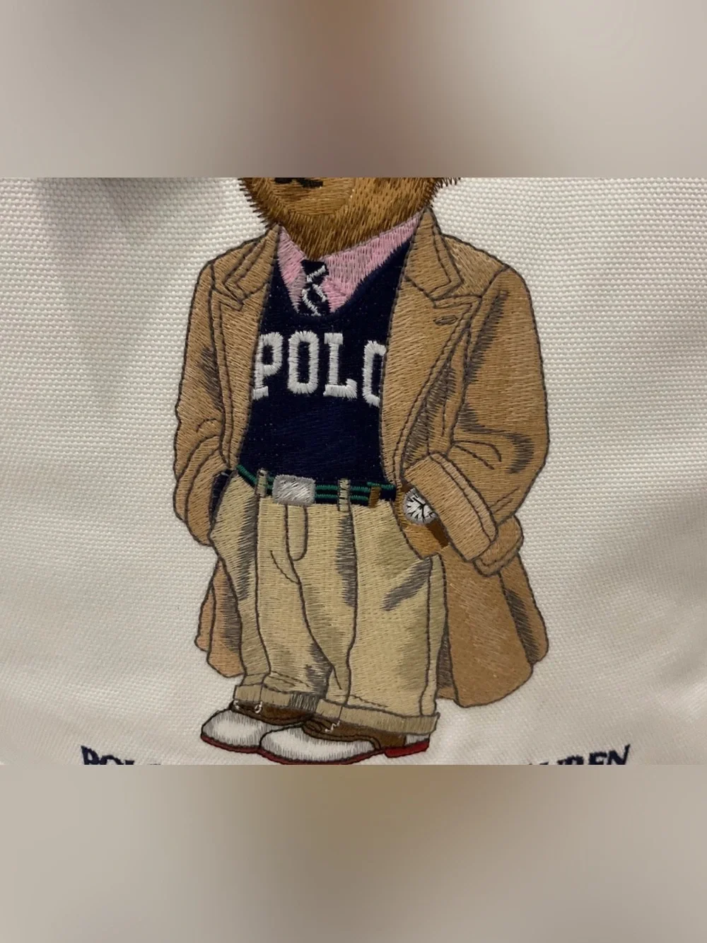 Polo Ralph Lauren White COLLEGIATE BEAR Canvas Embroidered SHOPPER Tote Bag